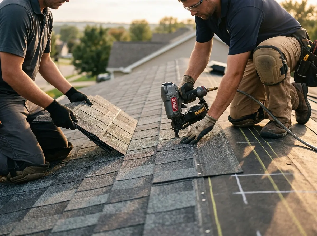 Professional roofer working on a residential roof in Homeland Park
